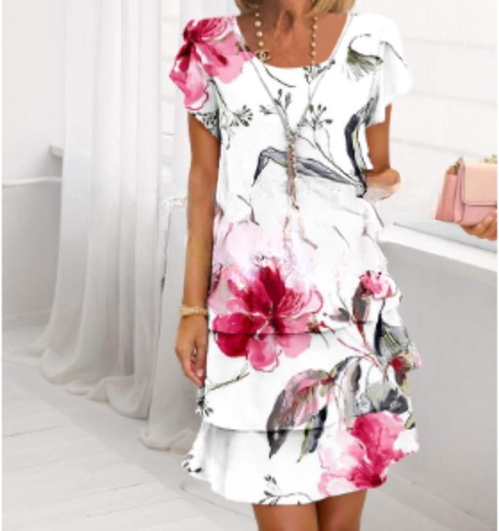 Damen Fließendes Maxi-Kleid mit eleganten Volant-Details und kreativem Grafikmuster Drune