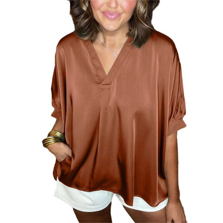 Damen Elegante V-Ausschnitt Bluse mit luftiger Passform und kurzen Ärmeln Drune