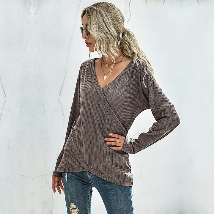 Damen Waffelstrick‑Wickelshirt mit V-Ausschnitt und langer Oversize-Ärmelpassform Drune