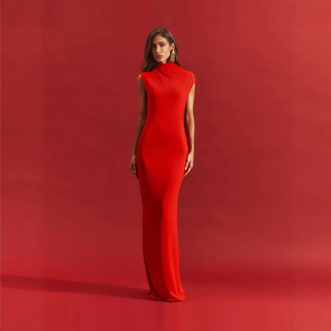 Damen stilvolles Maxikleid mit asymmetrischem Schnitt und hohem Stehkragen Drune
