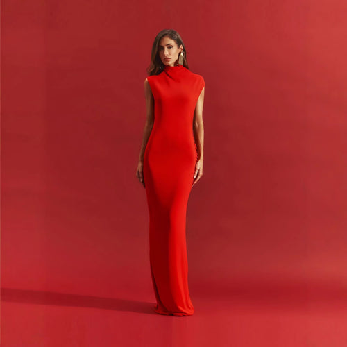 Damen stilvolles Maxikleid mit asymmetrischem Schnitt und hohem Stehkragen Drune