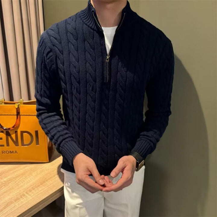 Herren Zopfstrick-Halbzip-Pullover mit Stehkragen Drune