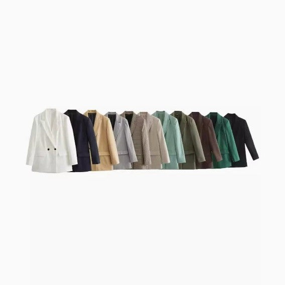 Damen 100+ geradliniger Longline Blazer mit Reverskragen, doppelreihiger Optik und Pattentaschen Drune