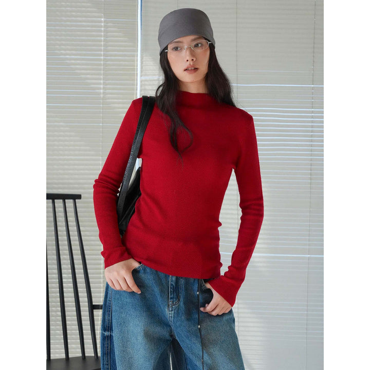 Damen Feiner Rippstrick-Pullover mit Stehkragen und Daumenlöchern Drune