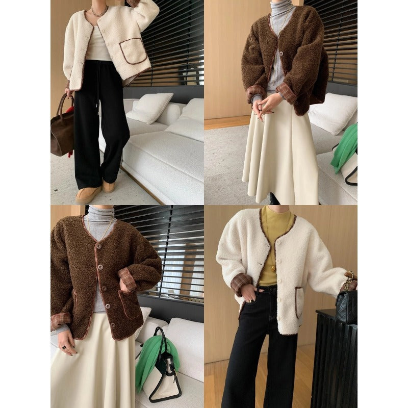 Damen Kuschelige Oversized-Fleecejacke mit Kontrastdetails Drune