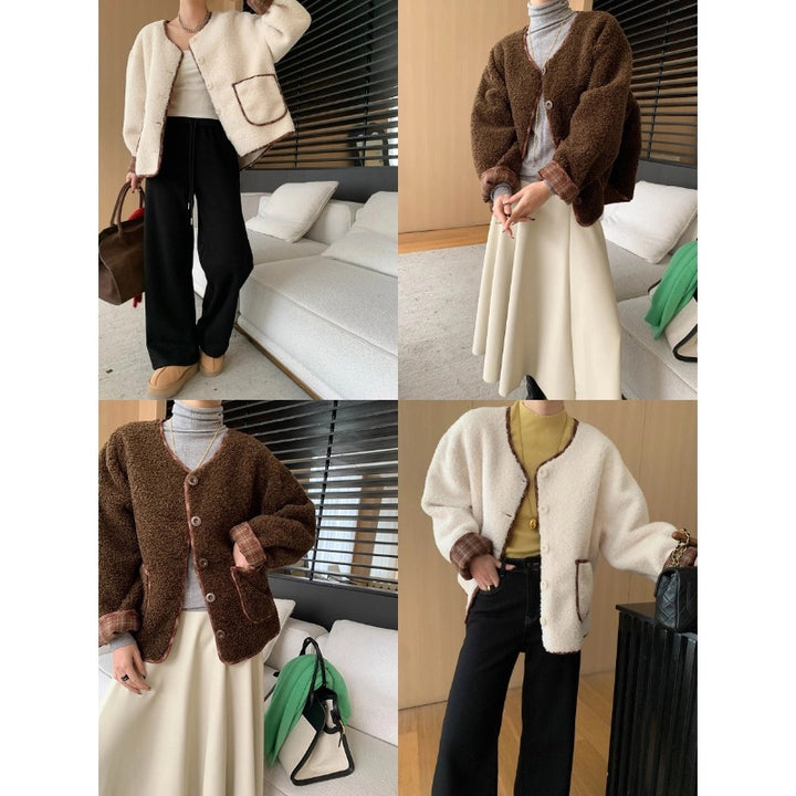 Damen Kuschelige Oversized-Fleecejacke mit Kontrastdetails Drune