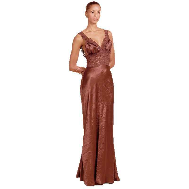 Damen Elegantes Maxikleid mit Spitze und tiefem V-Ausschnitt Drune