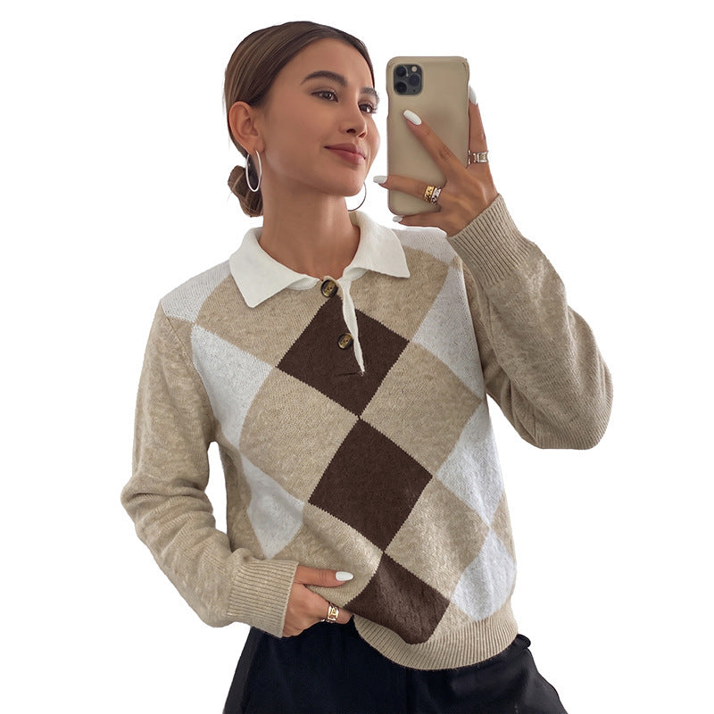 Damen Elegante Strickbluse mit Polo-Kragen und Karomuster Drune