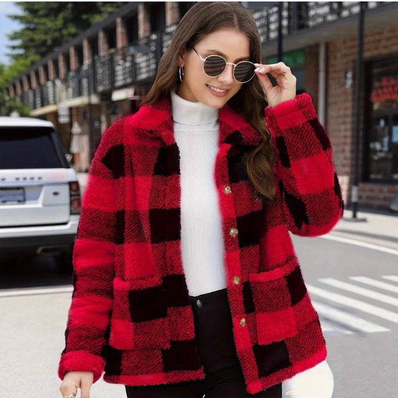 Damen nan gefütterte Karo Teddy-Fleece Shacket mit Knopfleiste und aufgesetzten Taschen Drune