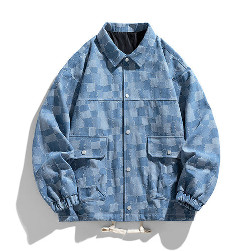 Herren Oversize-Jeansjacke im Karo-Look mit Druckknöpfen, Pattentaschen und Kordelzug Drune