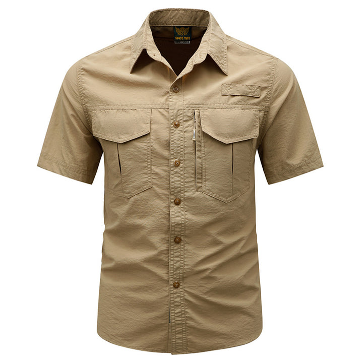 Men's  tactical short sleeve button shirt with dual flap chest pockets and discreet zip utility pocket Drune