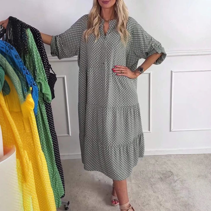 Damen nan leichtes fließendes Midikleid mit Pünktchenmuster, Stufenrock und krempelbaren Ärmeln Drune