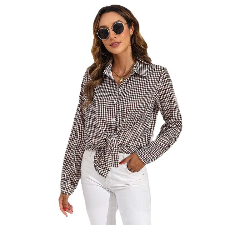 Damen nan geknotete Hahnentritt-Bluse mit Hemdkragen und durchgehender Knopfleiste Drune
