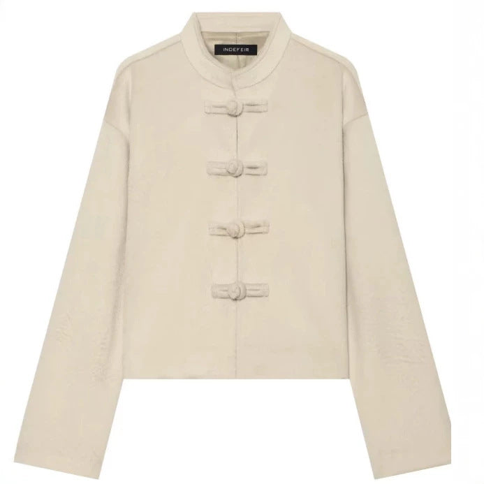 Damen Cropped Jacke im Mandarin‑Stil mit Knebelverschlüssen und kastiger Silhouette Drune