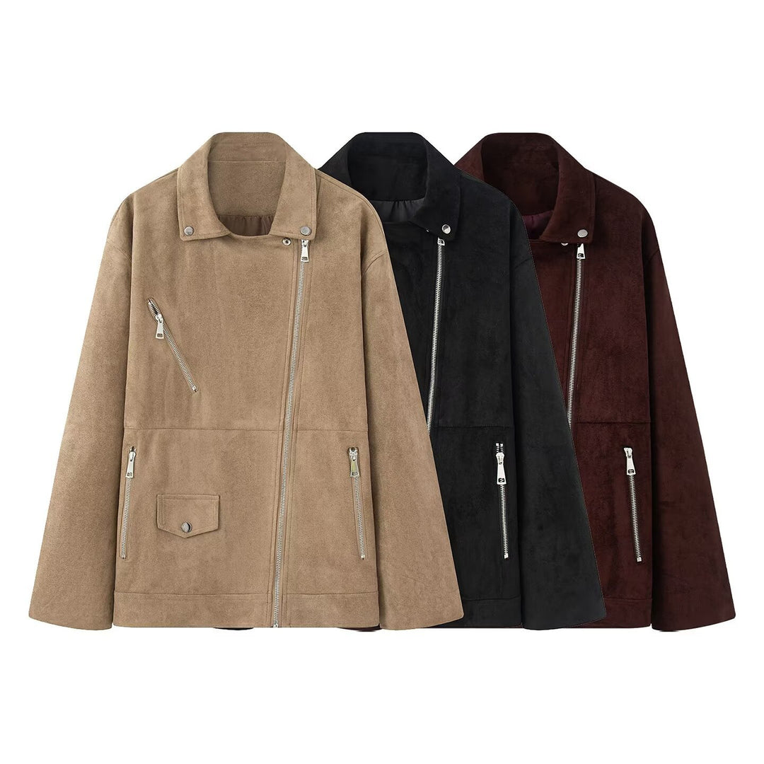 Damen nan lange Oversize-Bikerjacke in Veloursoptik mit diagonalem Reißverschluss und Mehrfachtaschen Drune
