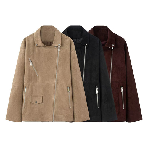 Damen nan lange Oversize-Bikerjacke in Veloursoptik mit diagonalem Reißverschluss und Mehrfachtaschen Drune