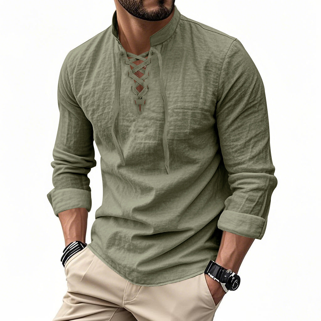 Herren nan Leinenoptik Langarmshirt mit Schnürung V-Ausschnitt und Stehkragen Drune