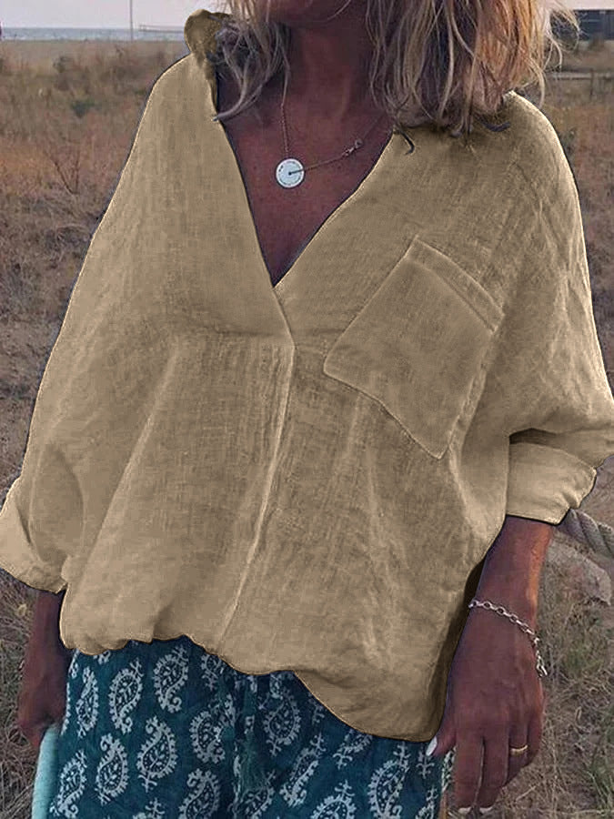 Damen Oversized Leinen-Look Bluse mit tiefem V-Ausschnitt, aufgesetzter Brusttasche und hochgerollten Dreiviertelärmel Drune