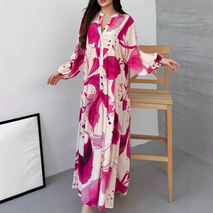 Damen Fließendes Maxikleid mit Stufenrock, überschnittenen Ballonärmeln und Stehkragen Drune