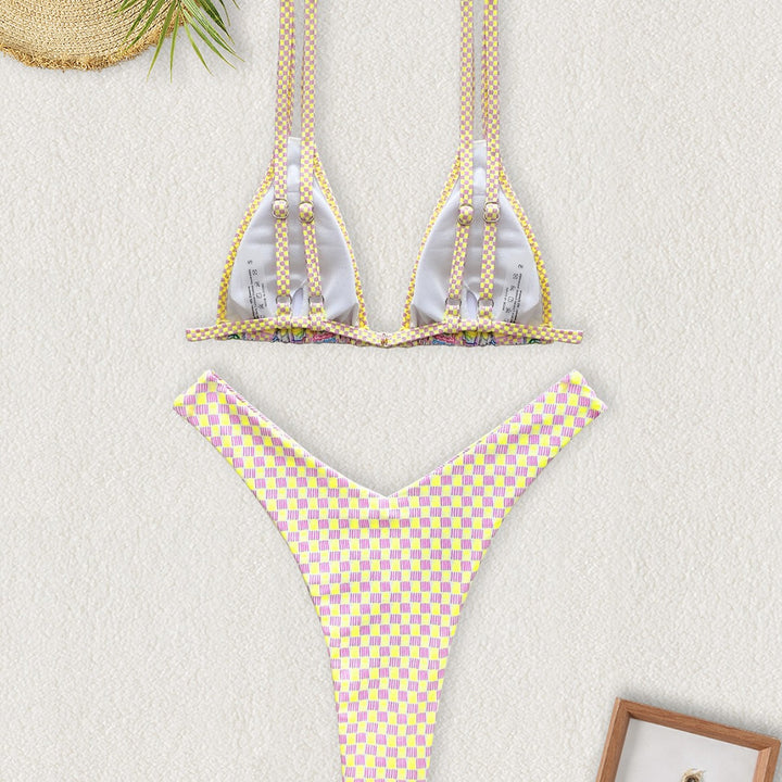 Damen Triangel-Bikini mit buntem Patchwork-Muster Drune