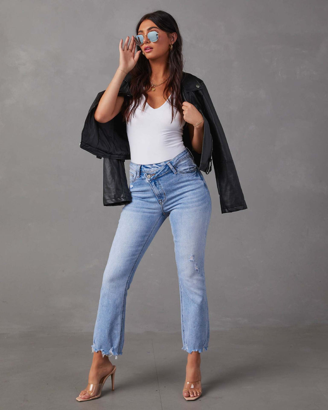 Damen modische Hochwasser Jeans im lässigen Vintage-Stil mit fransigem Saum Drune