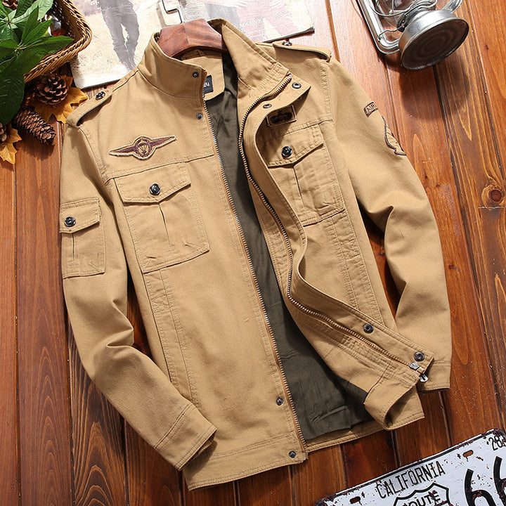 Herren leichter Canvas-Militärblouson mit Stehkragen, Schulterklappen und Mehrfach‑Pattentaschen Drune