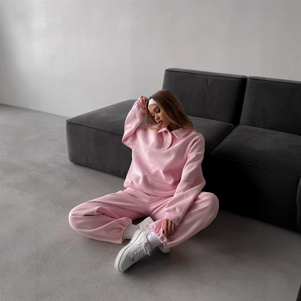 Damen Casual-Set aus schwerem French-Terry mit Polokragen-Cropped-Sweater und weitem High-Waist-Sweathose Drune
