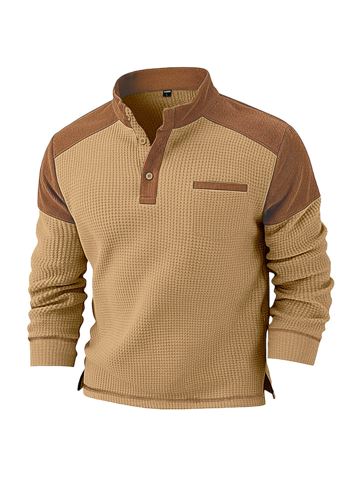 Herren nan Waffelstrick-Henley mit Stehkragen, Cord-Schulterpasse und Brustpaspel Drune