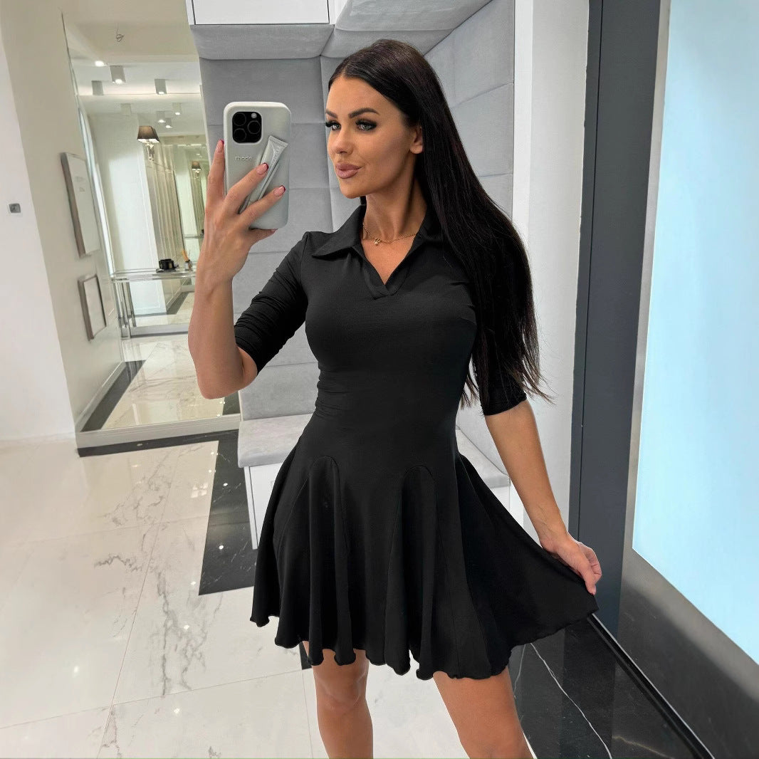 Damen A-Linien Kleid mit Polo-Kragen und schwingendem Rock Drune