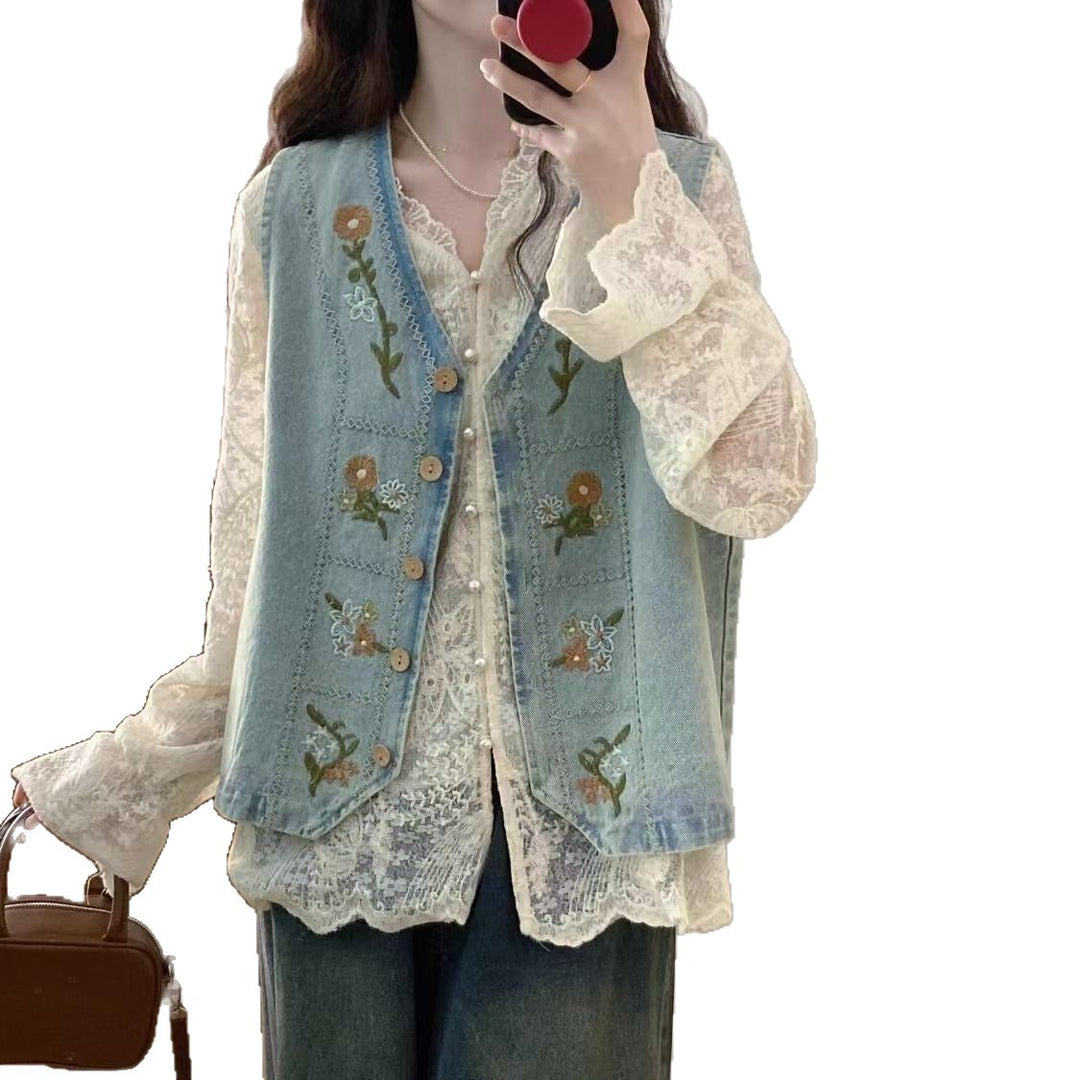 Damen Denim-Weste mit floralem Stickdesign Drune
