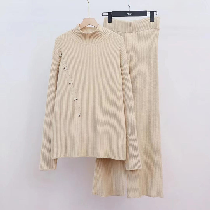 Damen Strickensemble mit hohem Kragen und eleganten Knopfdetails Drune