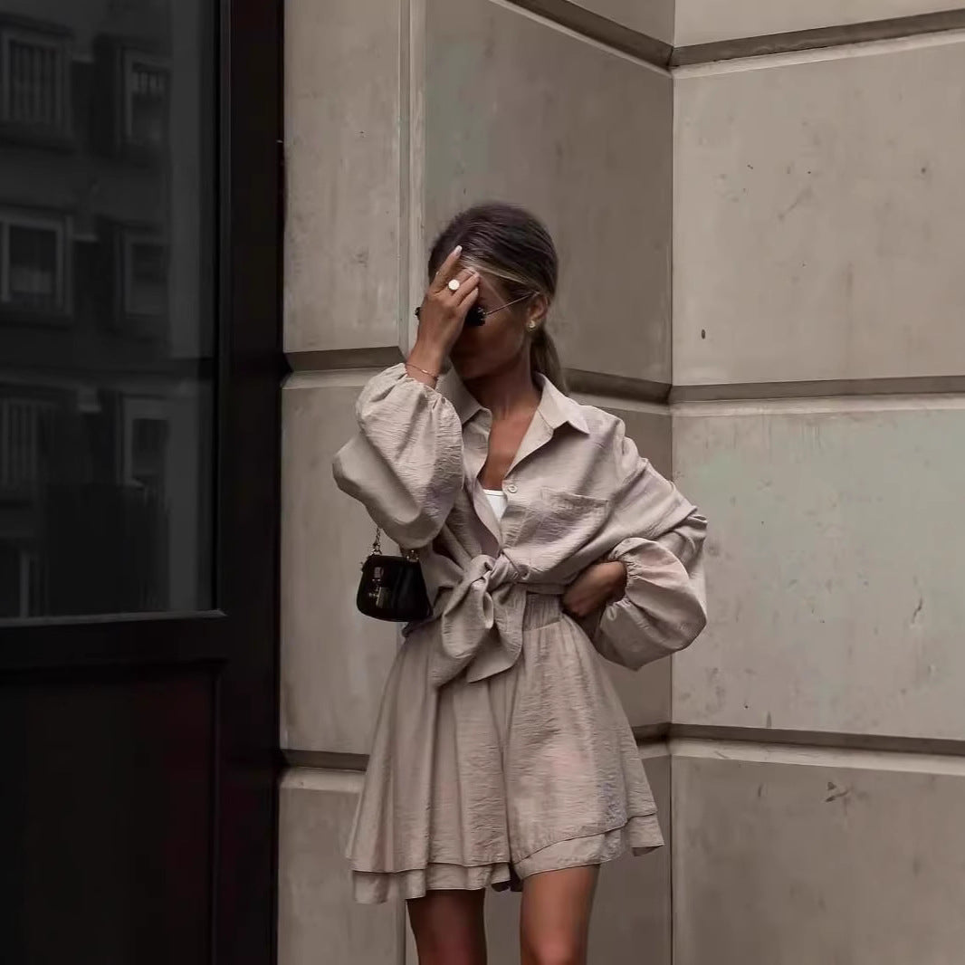 Damen modischer Jumpsuit mit schickem Knoten und lockeren Ärmeln Drune