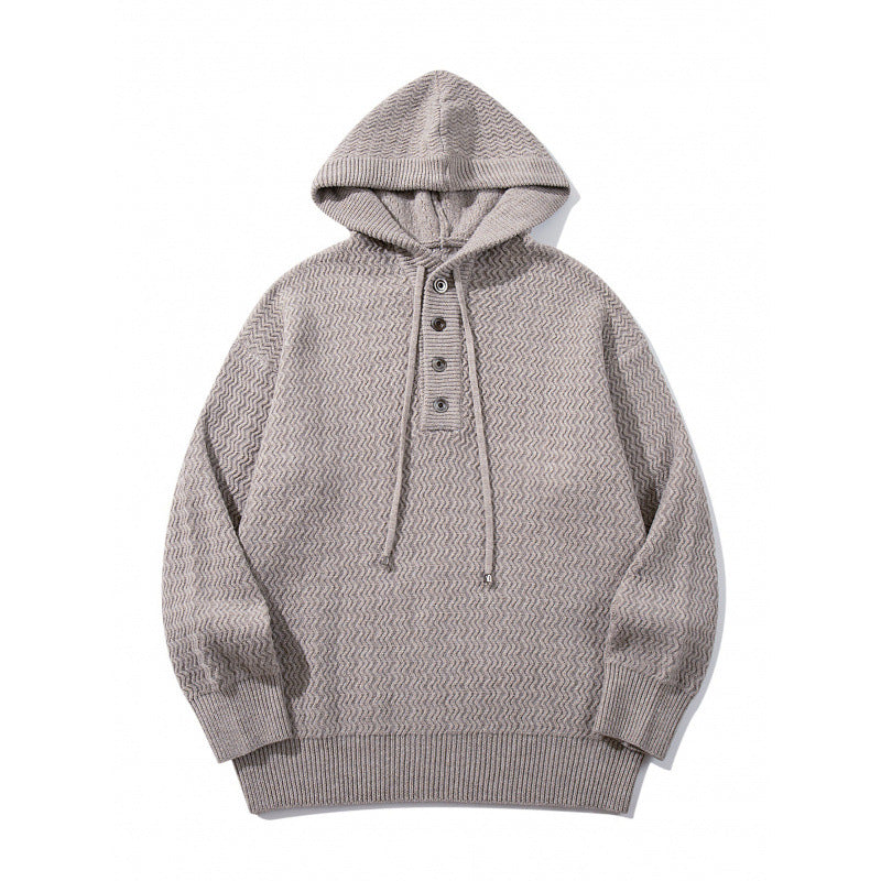 Unisex Strukturstrick-Hoodie mit halber Knopfleiste und Tunnelzugkapuze Drune