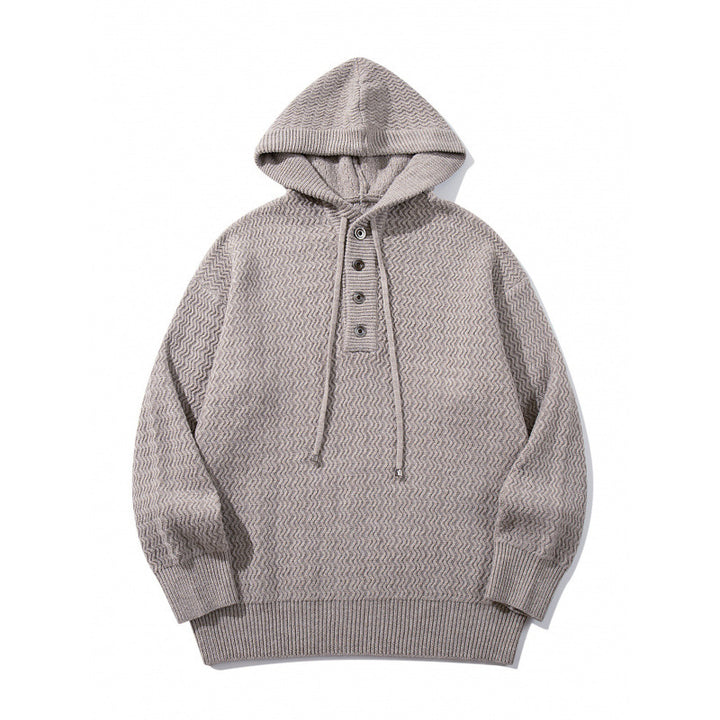 Unisex Strukturstrick-Hoodie mit halber Knopfleiste und Tunnelzugkapuze Drune