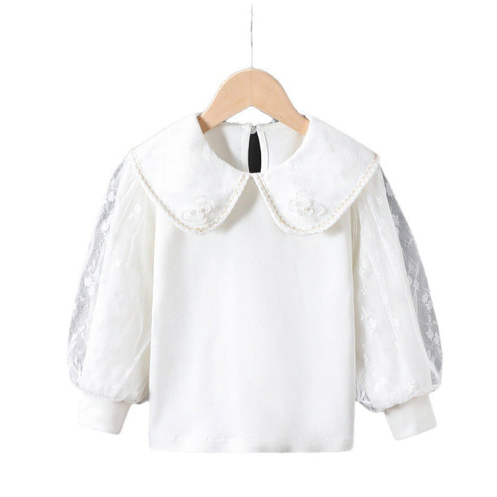 Damen Bluse mit dekorativen Blumenapplikationen und transparenten Puffärmeln Drune