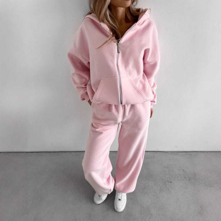 Damen Loungewear-Set Drune: Oversized Zip-Hoodie mit Kapuze und weiter High-Waist Sweatpant aus Soft-Fleece