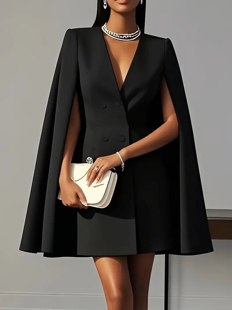 Damen Cape-Blazer-Kleid mit Doppelreihe und tiefem V-Ausschnitt Drune