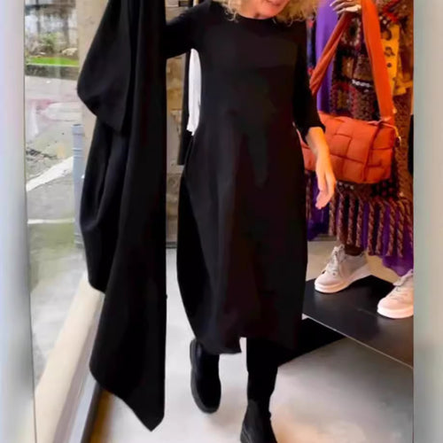 Damen nan asymmetrisches Ballonkleid mit dreiviertelärmeln, seitlichen Eingrifftaschen und fließendem Zipfelsaum Drune