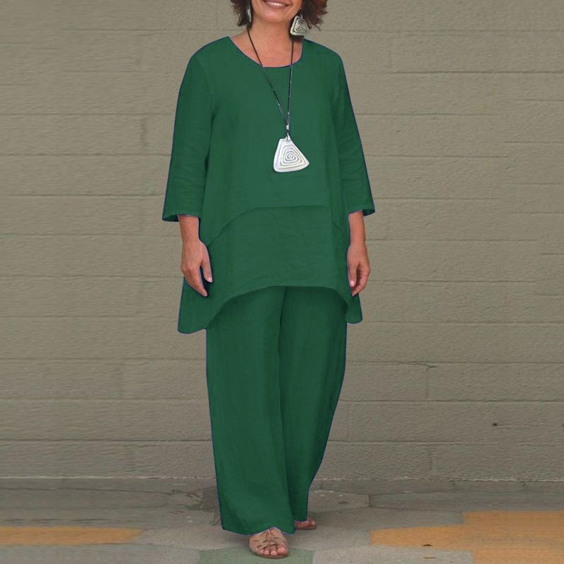 Damen Lässiges Zweiteiliges Leinen-Set mit Oversize-Tunika und weiter Palazzo-Hose Drune
