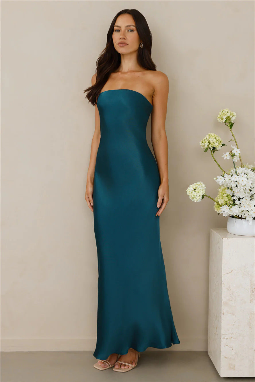 Damen Elegantes schulterfreies Maxikleid aus satinähnlichem Material Drune