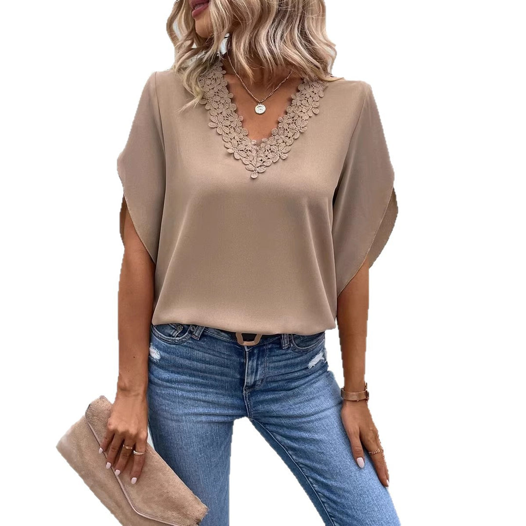 Damen elegante Bluse mit Spitzenapplikation Drune