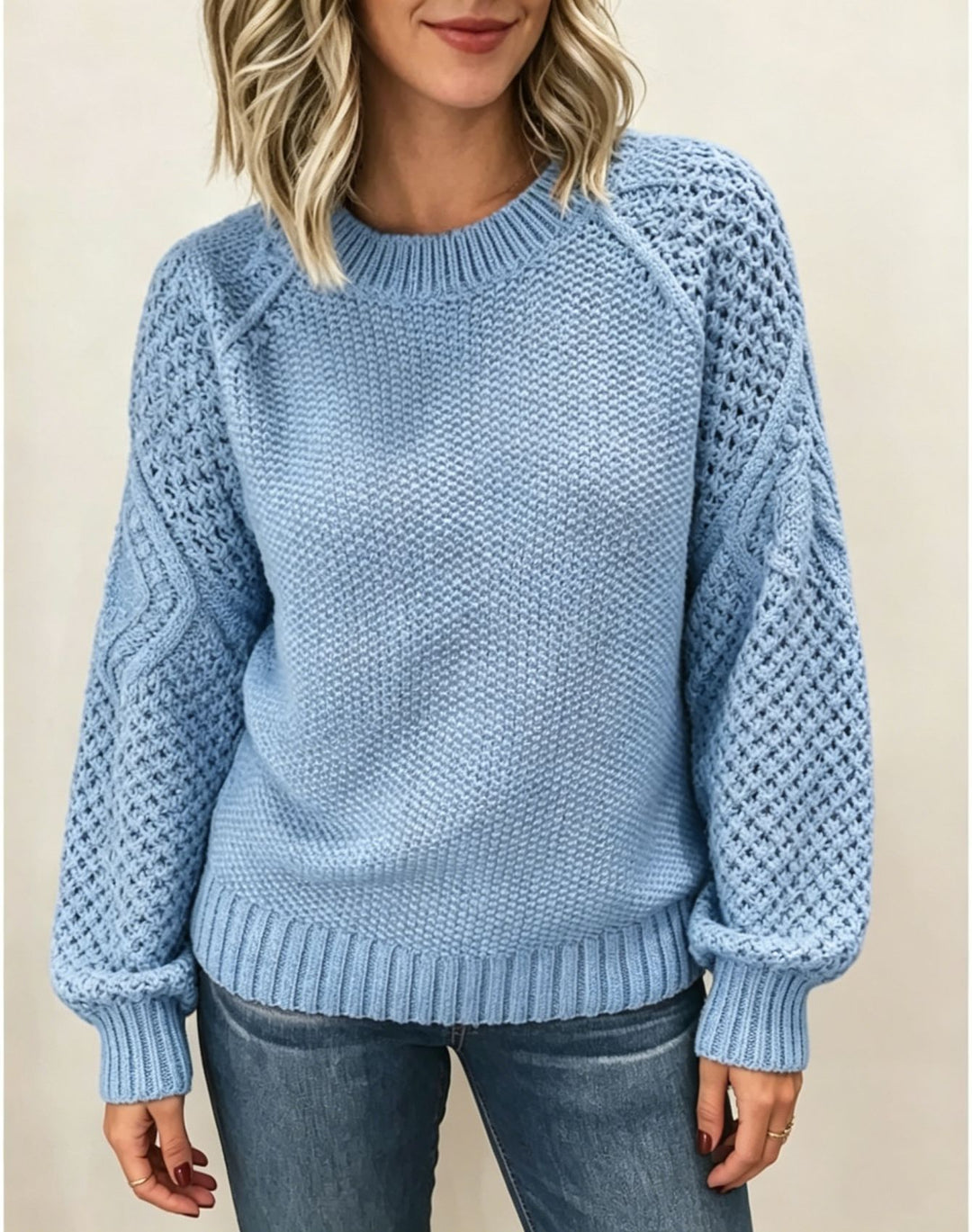 Damen Grobgestrickter Rundhals-Pullover mit Ajour- und Zopfmusterärmeln Drune
