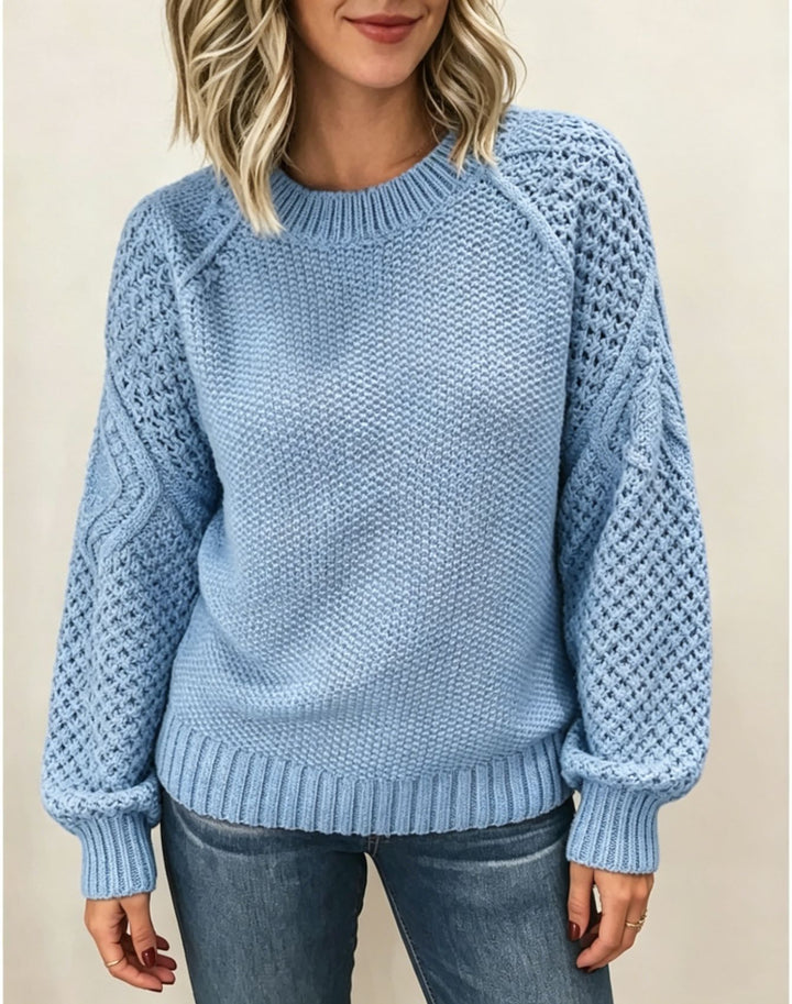 Damen Grobgestrickter Rundhals-Pullover mit Ajour- und Zopfmusterärmeln Drune