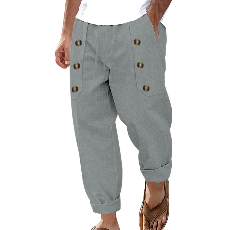 Herren Bequeme Leinenhose mit seitlichen Knöpfen und elastischem Bund Drune