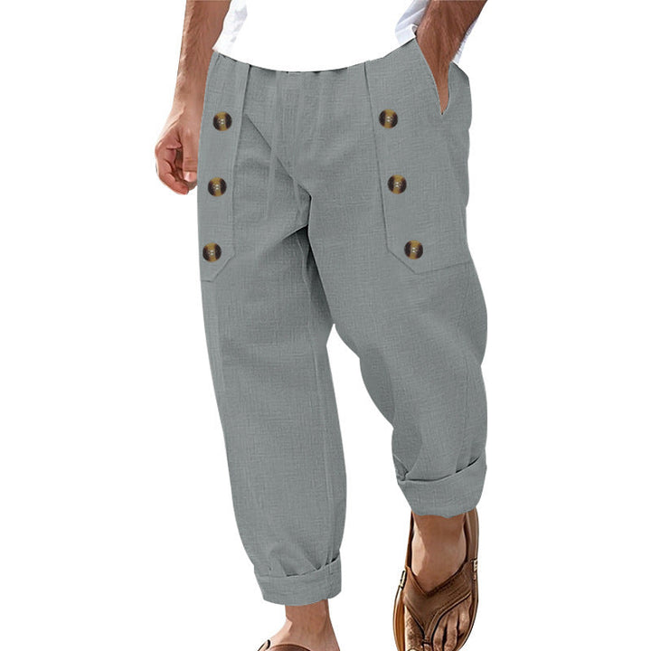 Herren Bequeme Leinenhose mit seitlichen Knöpfen und elastischem Bund Drune