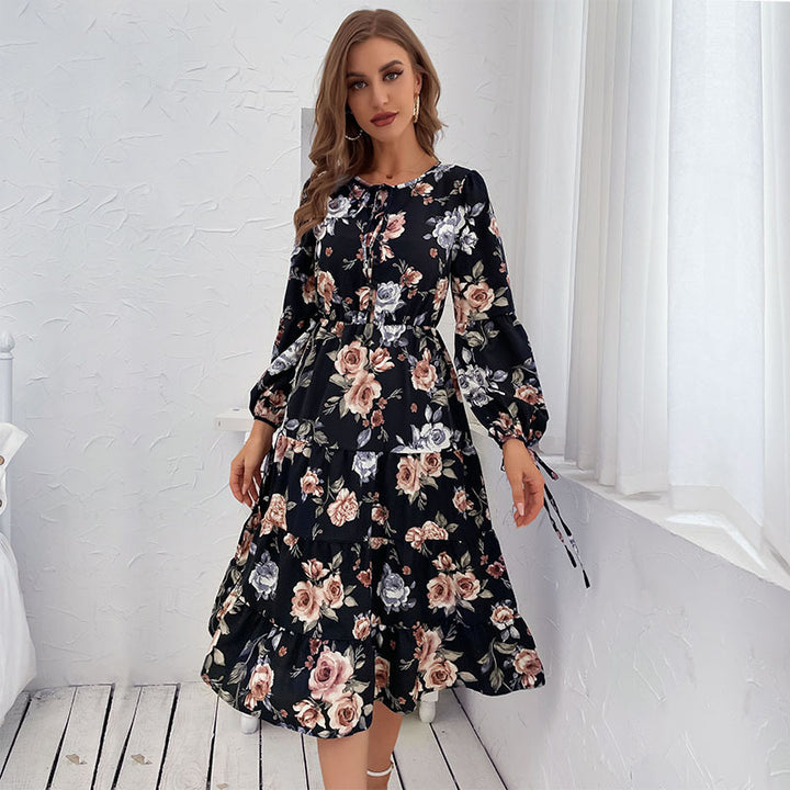 Damen Blumiges Stufen-Midikleid mit Taillenschnürung und Ballonärmeln Drune