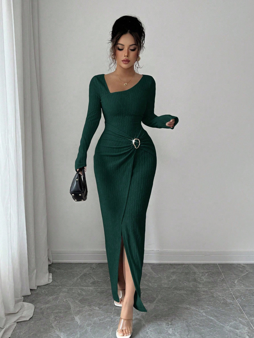 Damen nan figurbetontes Maxikleid aus geripptem Strick mit Wickeldetail und Schlitz Drune