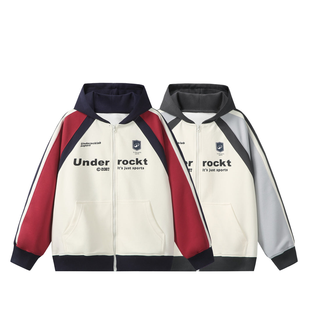 Unisex Kapuzen‑Zipjacke im Retro‑Sportstil mit Colorblock‑Einsätzen und Kängurutasche Drune