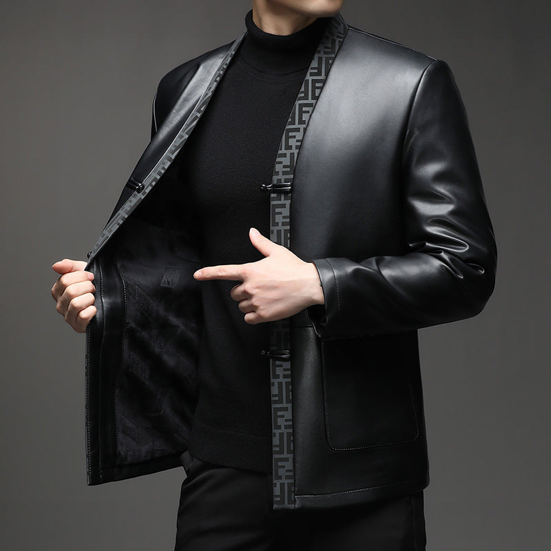 Herren Lederimitat-Cardiganjacke mit KnDruneelverschlüssen und kontrastierendem Schalkragen Drune