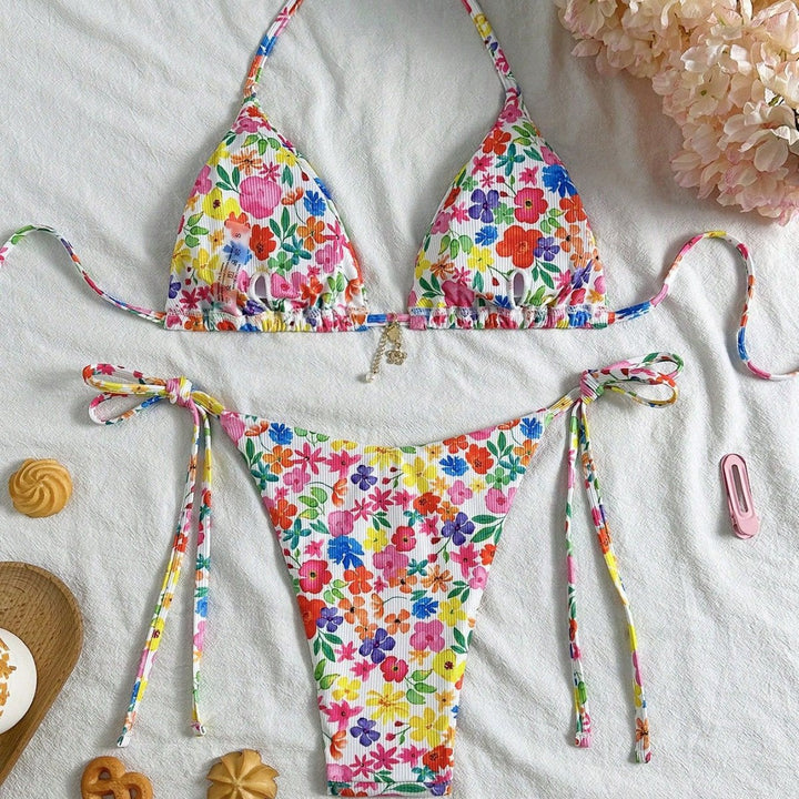 Damen Triangel-Bikini mit buntem Blumendesign Drune